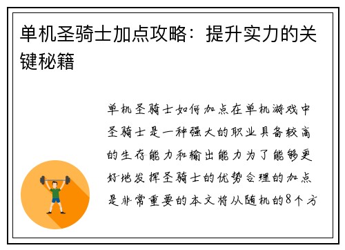 单机圣骑士加点攻略：提升实力的关键秘籍
